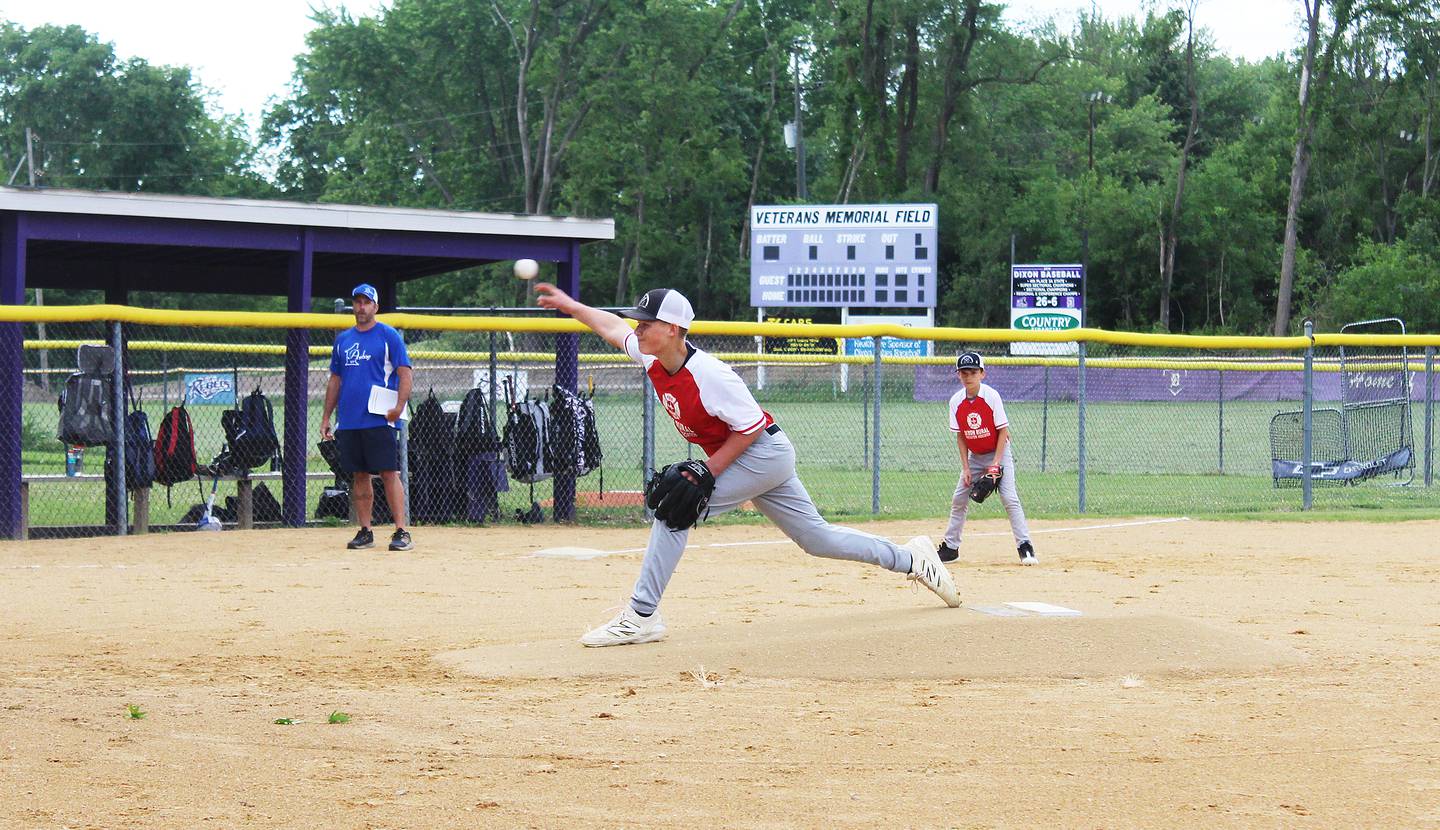 Drew Hines of the Dixon Rural Fire Department team hurls a pitch during a Bronco League game against 1st National Bank of Amboy on June 9, 2025 at the Al Morrison Baseball Complex in Dixon.