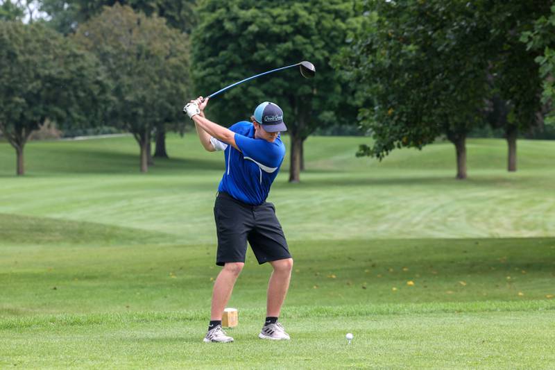 Peotone's Gavin Costanza tees off during the Bill Breeden All-Area Classic at the Kankakee Elks on Monday, Aug. 18, 2025.