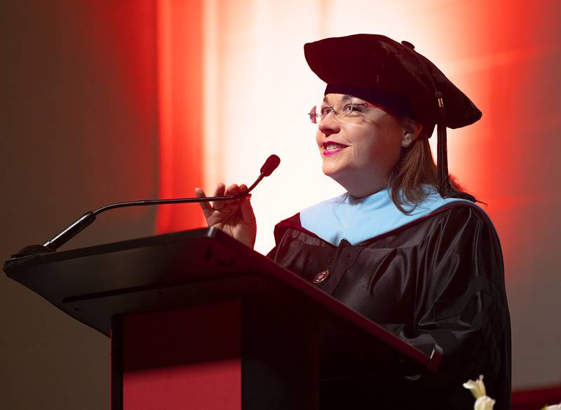 Dr. Lori Cortez introduces SVCC’s Distinguished Alumna, Joyce Schamberger, Friday, May 15, 2026, during the school’s commencement ceremony.