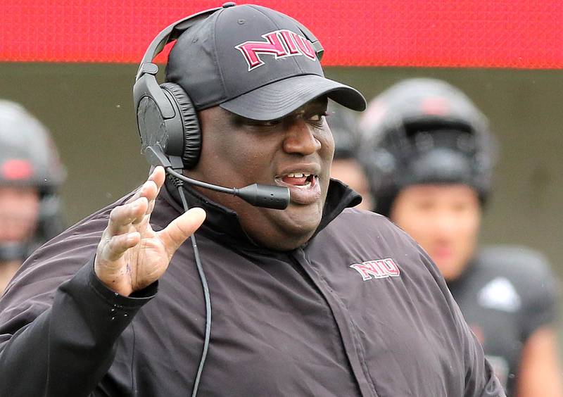 Northern Illinois head coach Thomas Hammock talks to his team during the Spring Showcase Saturday, April 22, 2023, at Huskie Stadium at NIU in DeKalb.