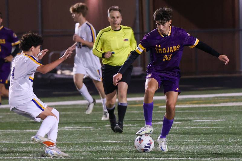 Johan Cortez of Mendota holds ball under foot on Saturday, November 2, 2024 at Richard E. Phalen, SR. Field in Mendota.