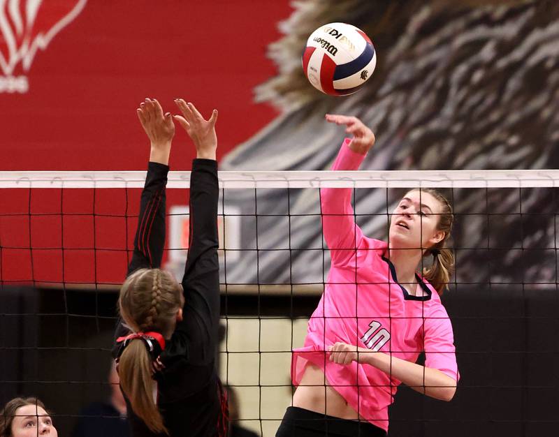 Hiawatha's Delaney Wood spikes the ball during their match Tuesday, Oct. 15, 2024, at Indian Creek High School in Shabbona.