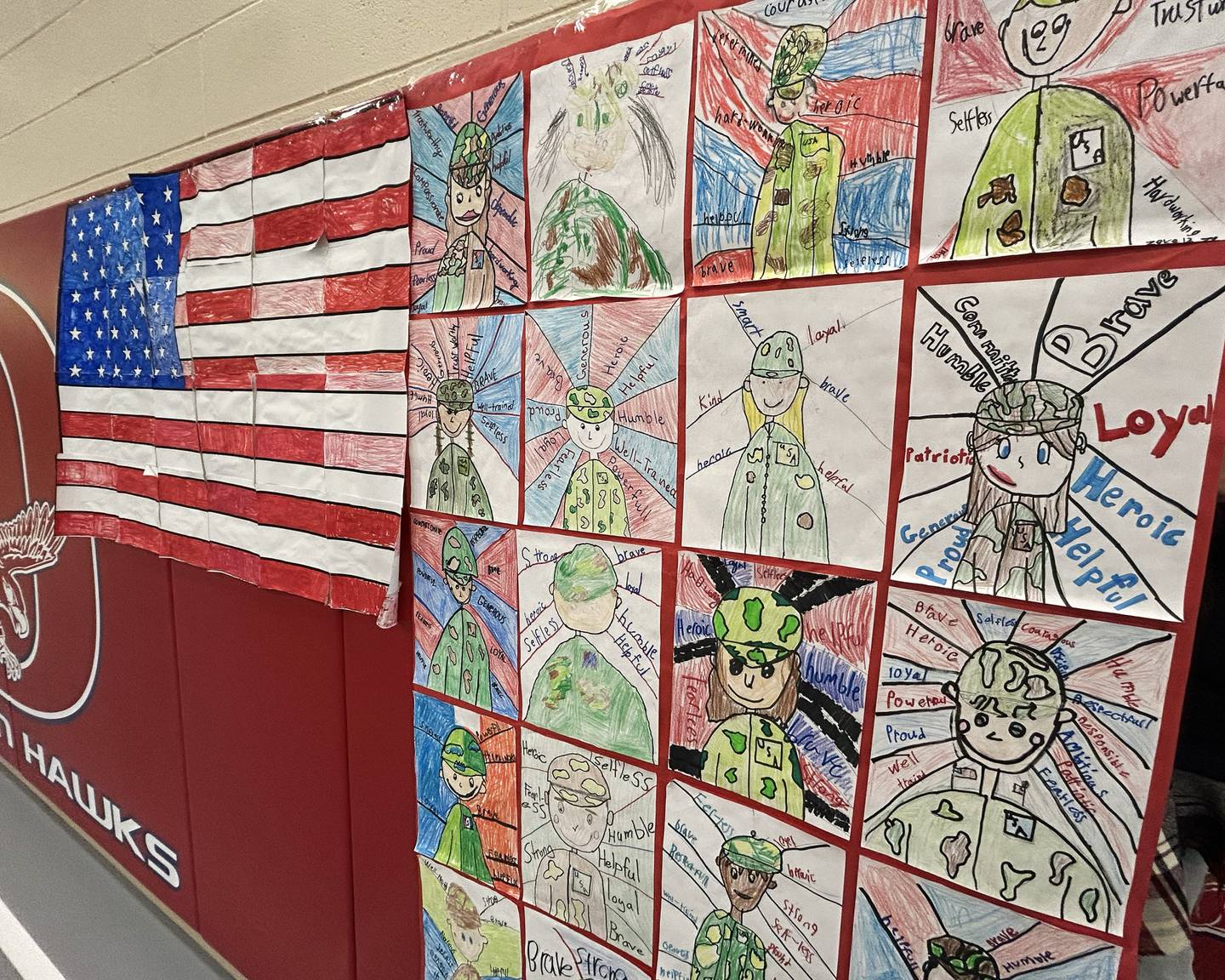 These are some of the drawings students made for the Oregon School District's Veterans Day Assembly on Tuesday, Nov. 11, 2025. The event was held in the Blackhawk Center to thank veterans for their service.