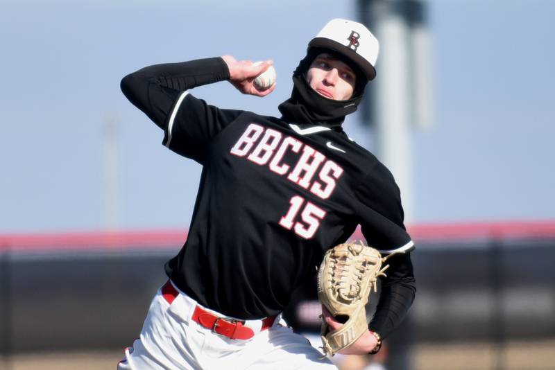 Bradley-Bourbonnais' Jack Kanoski throws a pitch during a game against Bishop McNamara at 315 Sports Park in Bradley Saturday, March 28, 2026.