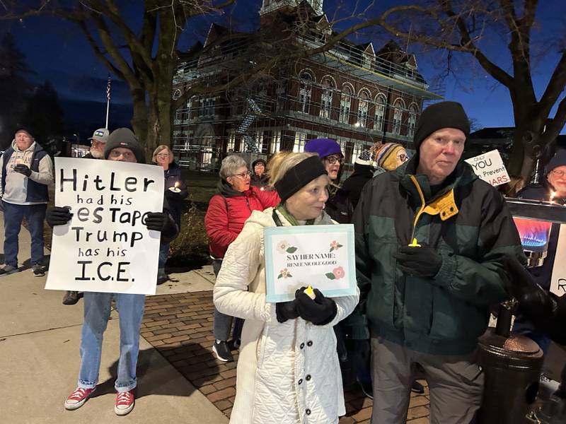 A candlelight vigil was held Friday, Jan. 9, 2026, on one corner of the Ogle County Courthouse square in Oregon for Renee Nicole Good, the Minnesota woman who was shot and killed during an Immigration and Customs Enforcement (ICE) operation Jan. 7 in Minneapolis. Approximately 100 people attended the Oregon event that was organized by Indivisible of Ogle County.