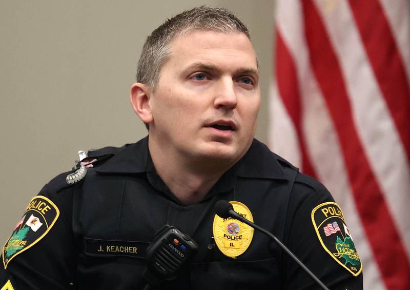 Sgt. John Keacher, of the Sycamore Police Department, was called to testify for the defense Thursday, Jan. 30, 2025, during day six of the Jonathan D. Hurst trial at the DeKalb County Courthouse in Sycamore. Hurst is charged in the 2016 killings of elderly mother and son Patricia and Robert Wilson in Sycamore.