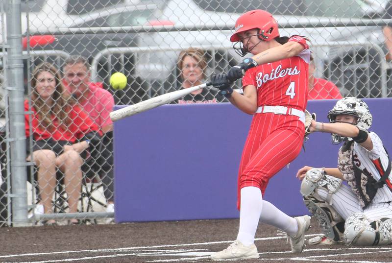 Bradley-Bourbonnais's Suttyn Hop belts a home run against Edwardsville during the Class 4A Supersectional game on Friday, June 6, 2025 at Monticello High School.
