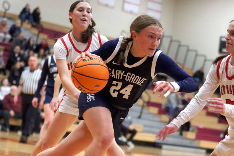 Cary-Grove’s Aria Stanton moves the ball in varsity girls basketball on Monday, Feb. 2, 2026, at Huntley High School in Huntley.