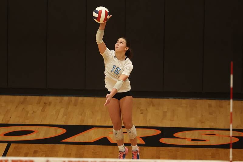 Joliet Catholic’s Ella Godeaux serves the ball against Plainfield South in the Class 4A Lincoln-Way West Regional semifinal on Tuesday, Oct. 29, 2024 in New Lenox.