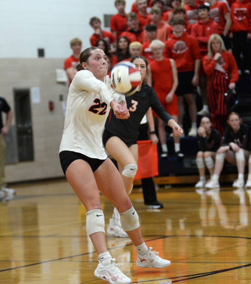 Fulton's Resse Germann (22) digs a serve against Galena during 1A action at the Polo Sectional on Tuesday, Nov. 5, 2024 at Polo High School.