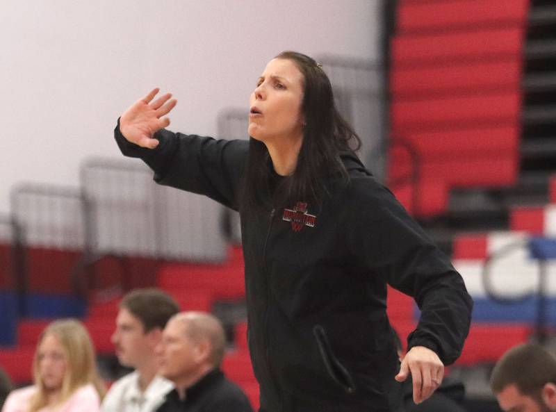 Mundelein’s Head Coach Sarah Teipel guides the Mustangs against Huntley in varsity girls basketball Komaromy Classic tournament  action on Tuesday, Dec. 30, 2025, at Dundee-Crown High School in Carpentersville.
