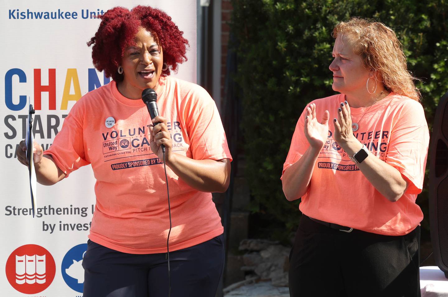 Kishwaukee United Way Executive Director Michele Vaughn, (left) speaks Thursday, June 13, 2024, during the kick-off of Kishwaukee United Way's annual Day of Caring event at their office in DeKalb.