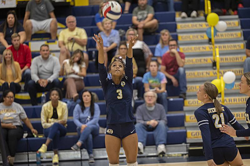 Sterling’s Delali Amankwa sets a shot against Alleman Monday, Sept. 18, 2023 at Sterling High School.