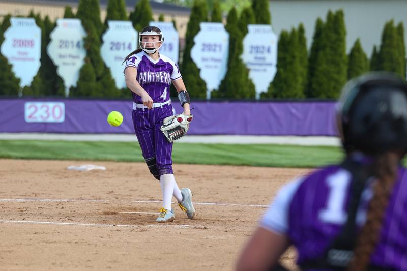 Manteno's Mia Shedwill releases a pitch during Manteno's 11-1 loss to Seneca on Friday, May 8, 2026.