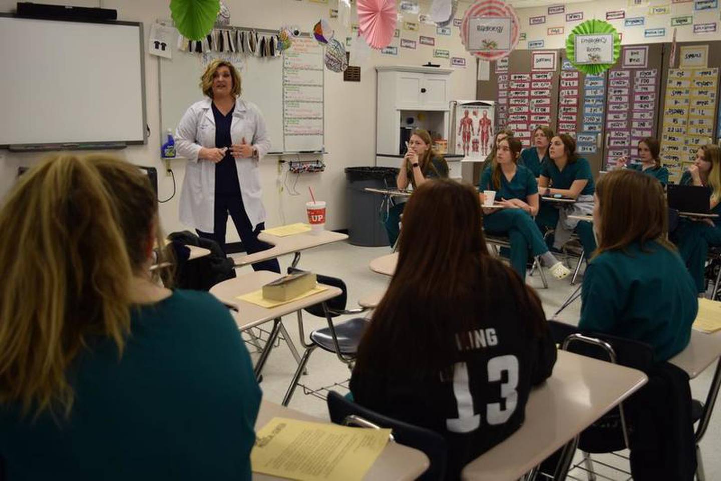 GAVC Health Occupations instructor Jennifer Shell, RN, talks to students about their medical simulation event, which was held on Friday, Feb. 7 at the GAVC campus in Morris.