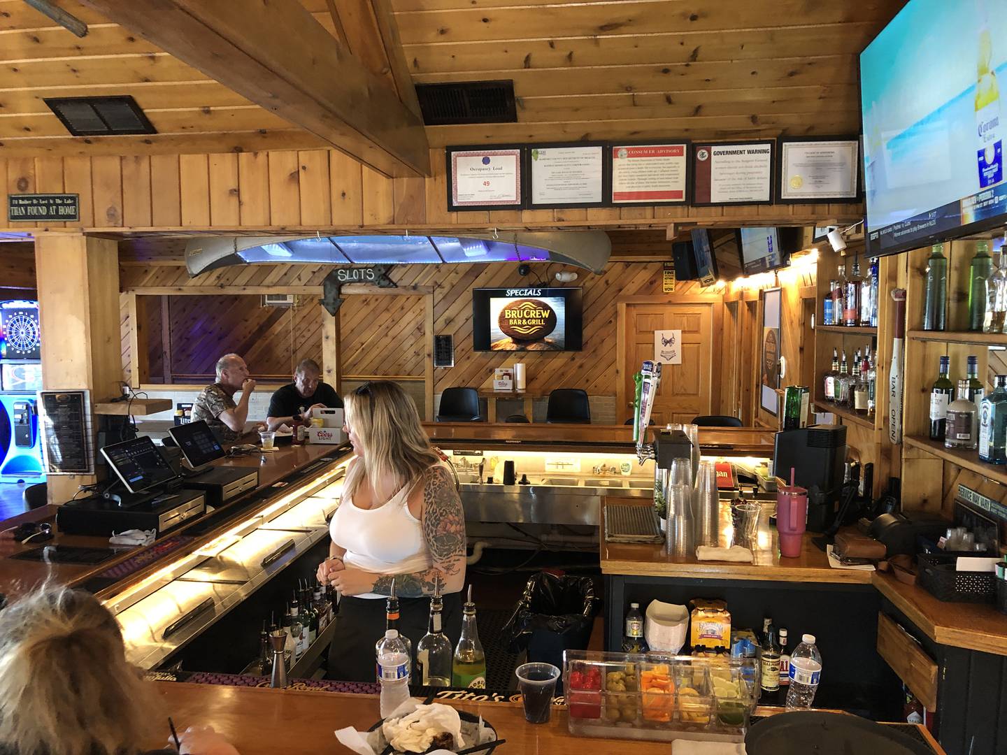 Patrons enjoy air conditioning inside on Thursday, Oct. 2, 2025, at The Bru Crew Bar & Grill, 614 Bald Knob Road, Johnsburg. The restaurant was closed for a month and reopened with a new name and new owners the previous day.