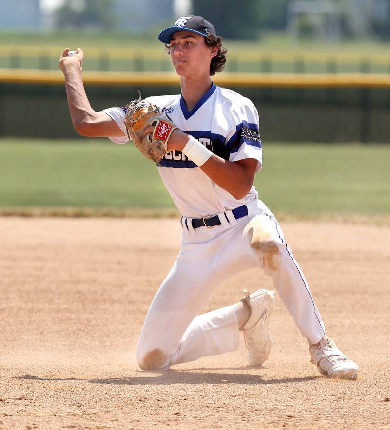 Burlington Central's AJ Payton throws from his knees to record an out during their Class 3A sectional final game against Sycamore Saturday, June 3, 2023, at Kaneland High School in Maple Park.