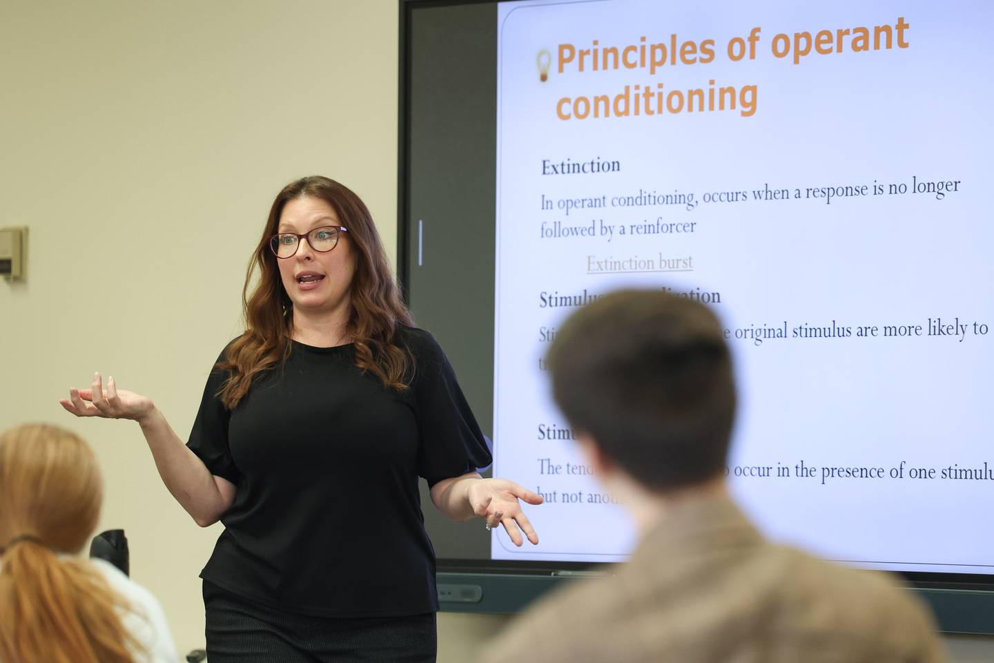 Cari Stevenson teaches during her psychology class at Kankakee Community College. Stevenson also coordinates the Campus Mental Health program as well as support programming for student veterans.