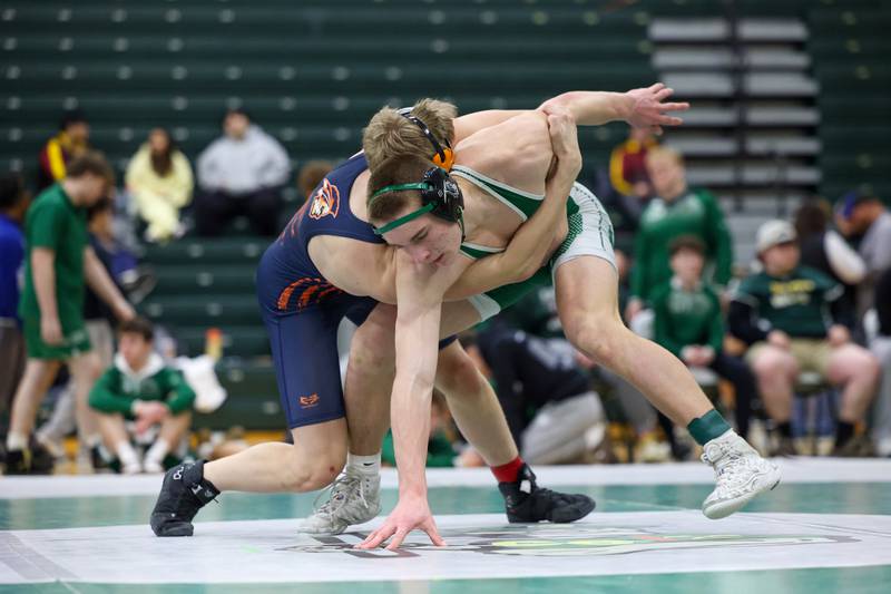 Coal City's Aiden Kenney wrestles Pontiac's Brayden Quas in the 157-pound championship match during the IHSA Class 1A Coal City Sectional on Saturday, Feb. 14, 2026.