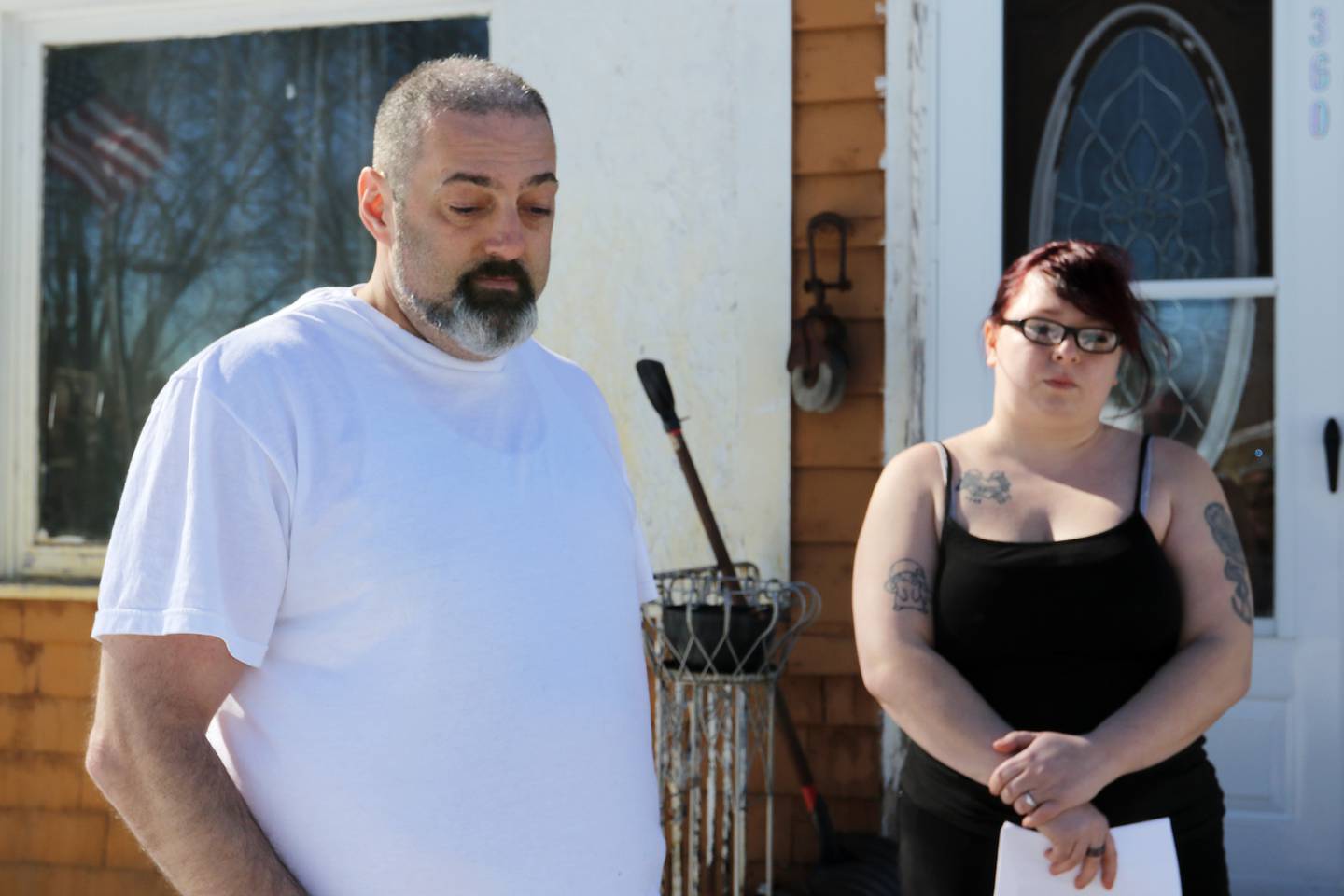 Cayce Williams, left, speaks on his behalf with niece Amber Robarge, right, regarding his parole on Friday, Feb. 26, 2021 in Crystal Lake.  Williams, 47, was convicted in the 1997 murder and sexual assault of an Elgin toddler and was granted parole after 24 years in prison.  Williams will be residing at his brother's girlfriend's house on Briarwood Rd., approximately three blocks from West Elementary School and about five blocks from West Beach.