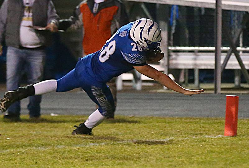 Princeton's Ronde Worrels aims for the pylon to score a touchdown on Friday, March 19, 2021.