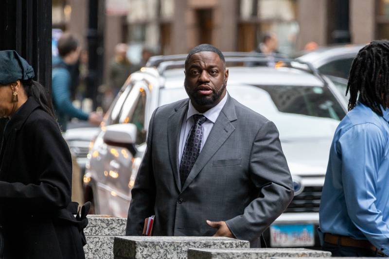 State Sen. Emil Jones III walks into the Dirksen Federal Courthouse on April 15, 2025. After hearing two weeks of evidence and testimony in his corruption trial and deliberating for nearly 23 hours, a jury on Thursday deadlocked on charges that Jones agreed to accept bribes and lied to the FBI about it.