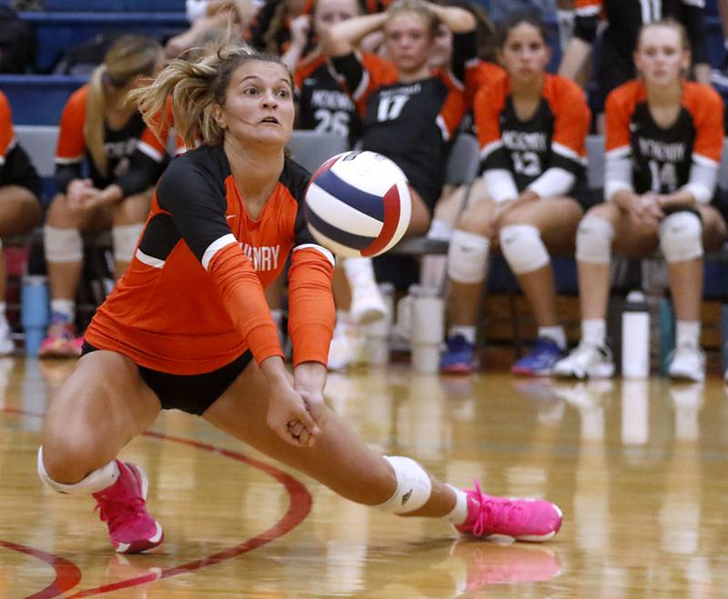 McHenry's Briana Ricci passes the ball forward during a nonconference volleyball match against Marian Central Monday, Aug. 28, 2023, at Marian Central Catholic High School.