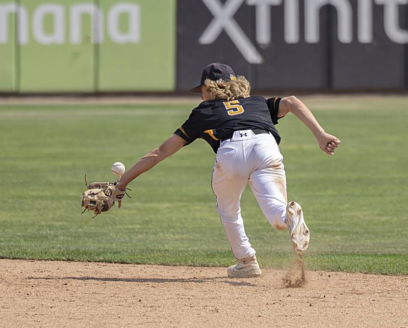 Goreville’s Hunter Francis is unable to make a play at second base against Newman Saturday, June 3, 2023 during the IHSA class 1A third place baseball game.