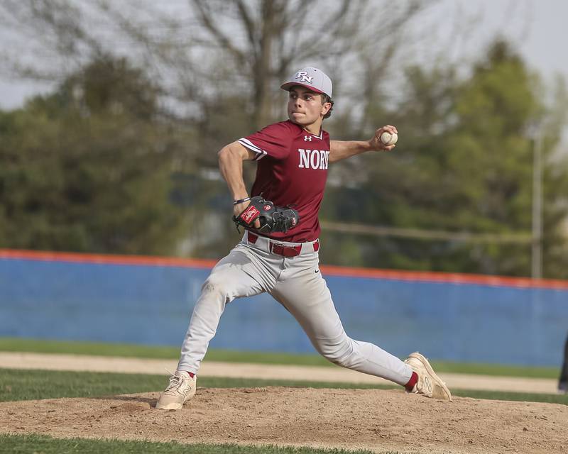 Plainfield North's Max Barriball (8) delivers a pitch during baseball game between Plainfield North at Oswego, Thursday, April 24, 2025 in Oswego.