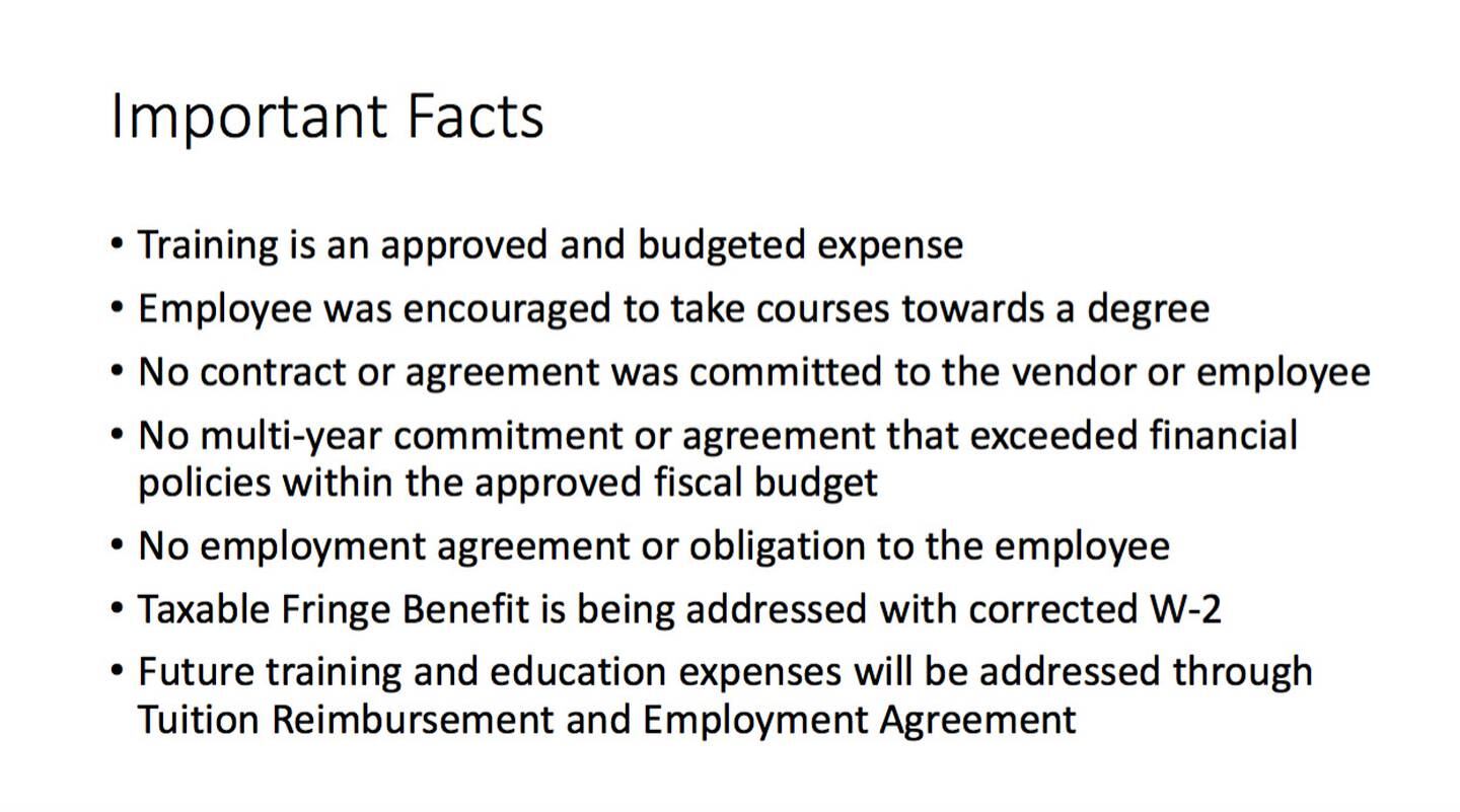 Kane County Information Technology Director Roger Fahnestock's response to the procurement card audit showing tuition payments to Devry University for one employee.