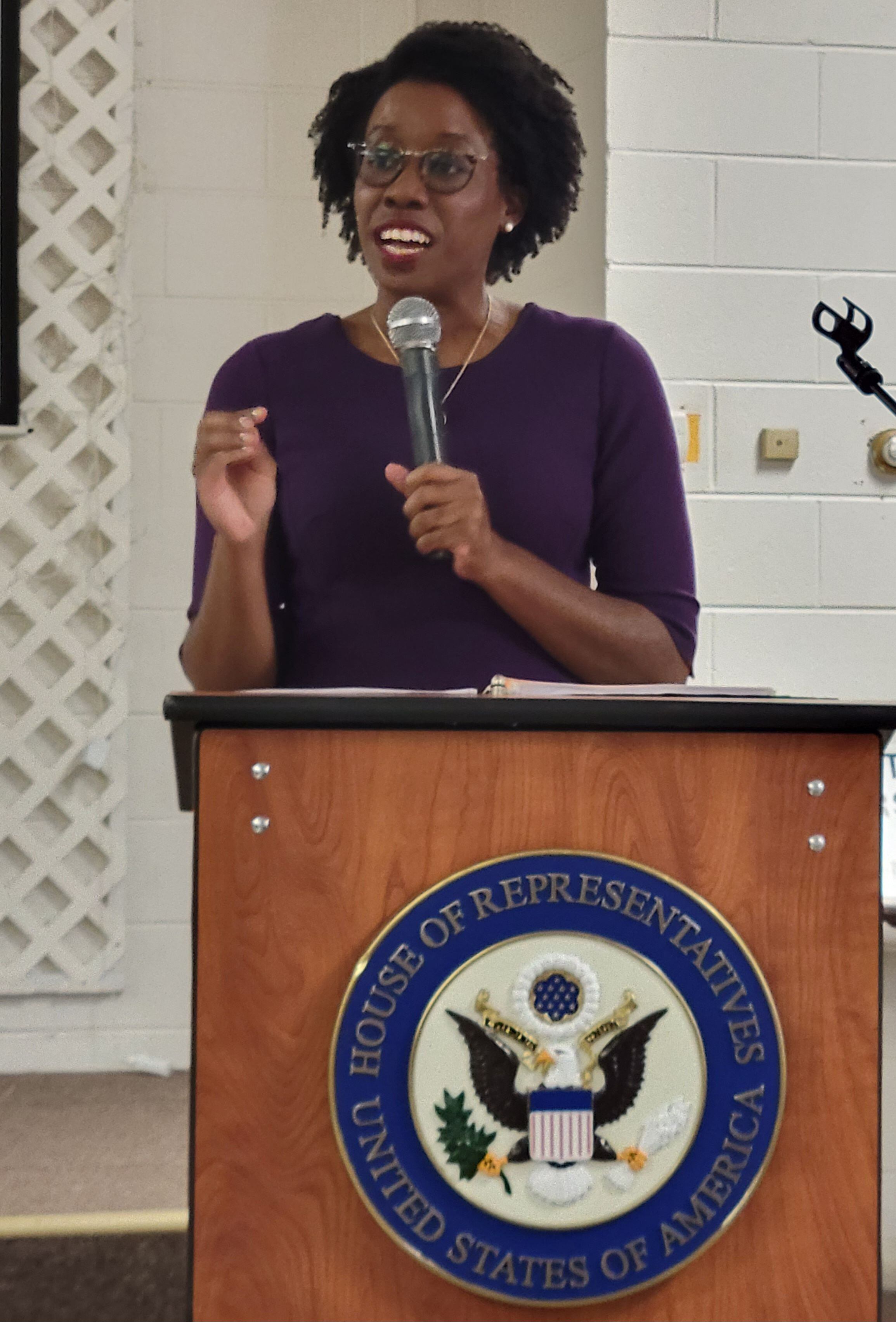 U.S. Rep. Lauren Underwood speaks Saturday, May 29, 2023, at the veterans town hall meeting at the La Salle VFW.