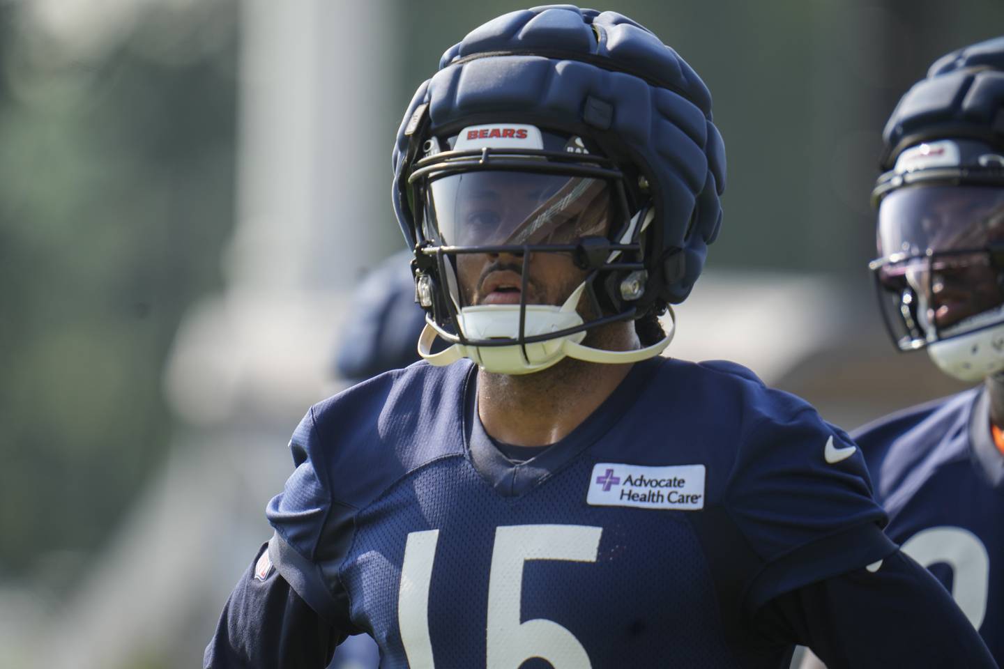 Chicago Bears wide receiver Rome Odunze (15) works out during practice at the team’s NFL football training camp, Wednesday, July 23, 2025, in Lake Forest, Ill. (AP Photo/Erin Hooley)
