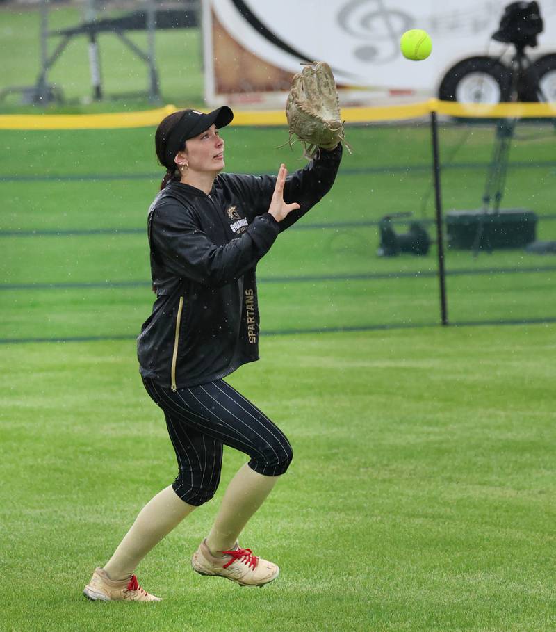 Sycamore’s Grace Caldwell catches a flyball in left field Thursday, April 30, 2026, during their game against LaSalle-Peru at Sycamore High School.