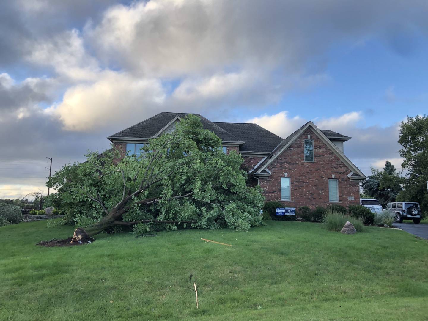 A tree uprooted by the storm fell just feet from the front door of Eric Goff's house on the 9N700 block of Whispering Springs Lane in Elgin Wednesday evening, July 13, 2023.