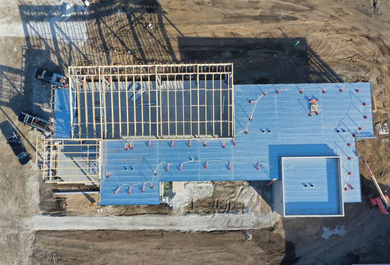 An aerial view of the Dr. Alfred E. Wisgoski Agricultural Education Center on Wednesday, Feb. 11, 2026 at Illinois Valley Community College in Oglesby. The new building will help redefine the IVCC agriculture program, outfitting the college to train and upskill agriculture workers, aid in the development of new technology, and sustainable practices. Approximately 1.6 million has been pledged for the agricultural center. IVCC will offer a community donation program later this spring. The 10,250 square-foot building is to be ready for occupancy in 2027.
