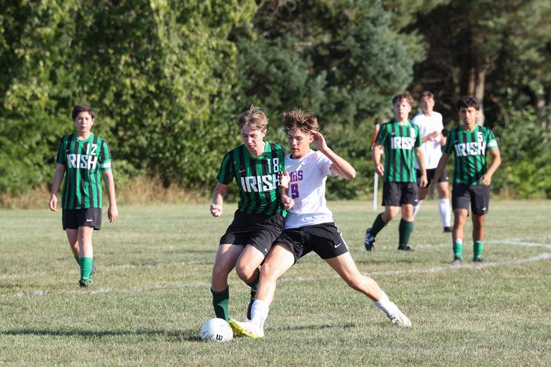 Bishop McNamara's Aiden Belcher and Manteno's Gio Zuniga race for possession during the Panthers' 10-0 victory over Bishop McNamara on Monday, Sept. 8, 2025.