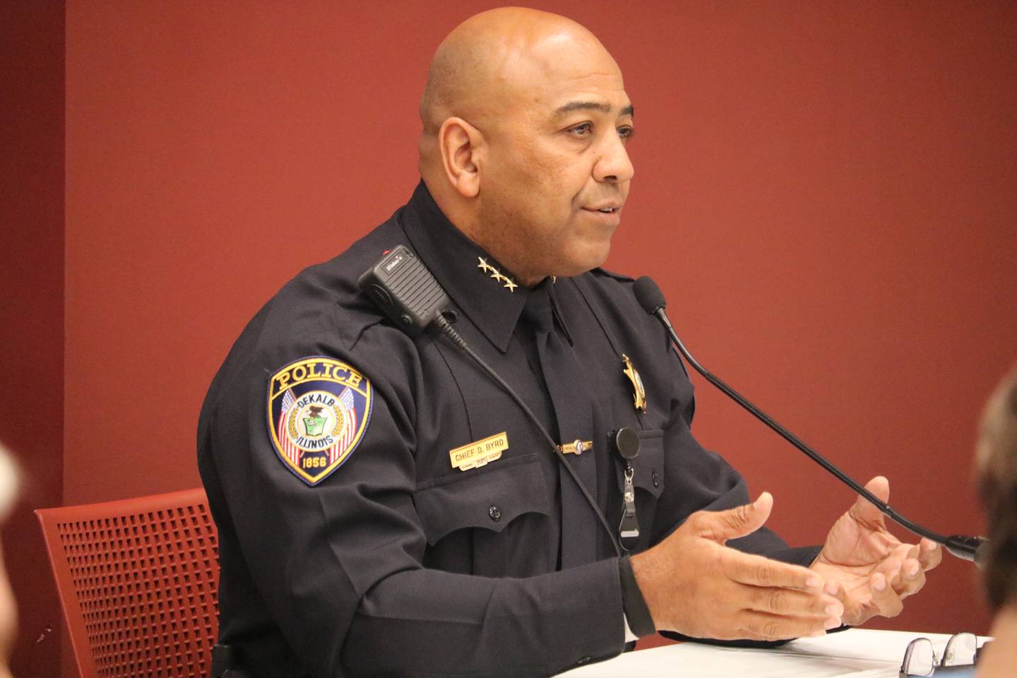 Police Chief David Byrd gives remarks at the Monday, Sept. 26 meeting of the DeKalb City Council.