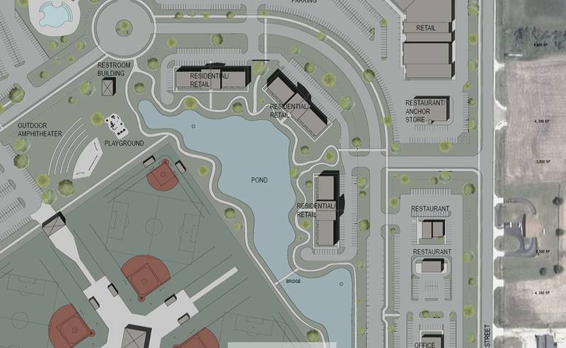 A drawing showing the close up of the center of the project was shared Monday, Sept. 23, 2024, to give residents an idea of how a multi-faceted sports complex and city center may be laid out in Peru. The center would have a pond with a walking path and residential and retail housing. The regional sports complex and city center, will be equipped with not only sports facilities, but also a retail plaza, amphitheater, residential housing, restaurants and a hotel. These are not final plans.