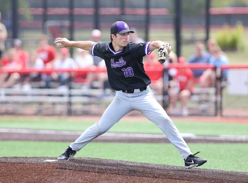 Downers Grove North's Sean Ryniec (10) pitches during the IHSA Class 4A baseball regional final between Downers Grove North and Hinsdale Central at Bolingbrook High School on Saturday, May 27, 2023.