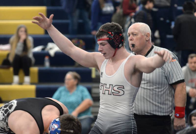 Fulton's Skylier Crooks reacts after winning the 165-pound title match at the Polo Wrestling Invitational on Saturday, Jan. 11, 2025 at Polo High School.