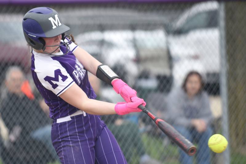 Manteno's Mady Dye hits a pitch during a home game against Pontiac Friday, April 3, 2026.