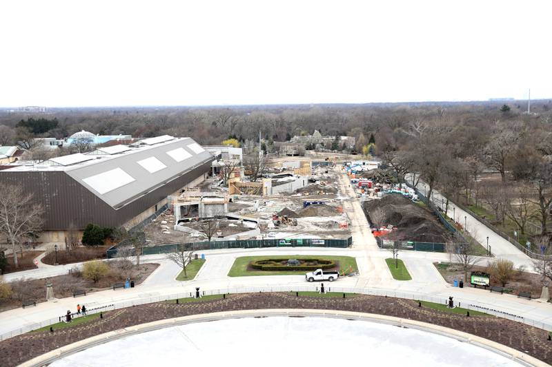 An overhead view of the expansion of the current Tropic World habitat from the Brookfield Zoo’s 110-foot Ferris wheel. The Ferris wheel, in honor of the zoo’s 90th anniversary, opened on Friday, March 15, 2024. The Ferris wheel offers guests unique bird’s-eye views of the park’s gardens, animal habitats and Chicago skyline.