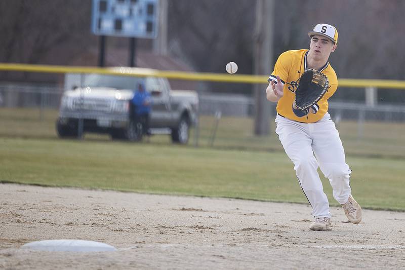 Sterling's Mason Smithee fields a ball at first for an out against Newman Tuesday, March 12, 2024.