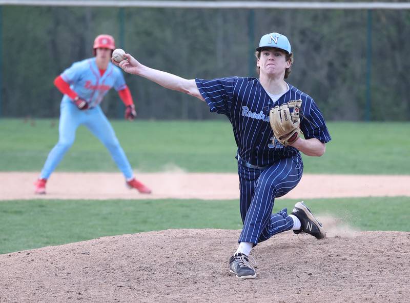 Nazareth's Finn O'Meara (32) pitches during the varsity baseball game between Benet Academy and Nazareth Academy in La Grange Park on Monday, April 24, 2023.