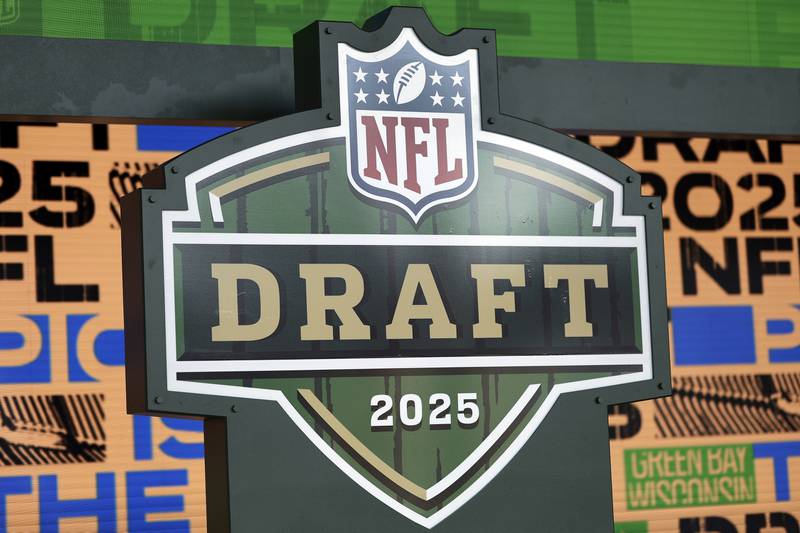 Draft logo on stage ahead of the NFL football draft Wednesday, April 23, 2025, in Green Bay, Wis. (AP Photo/Adam Hunger)