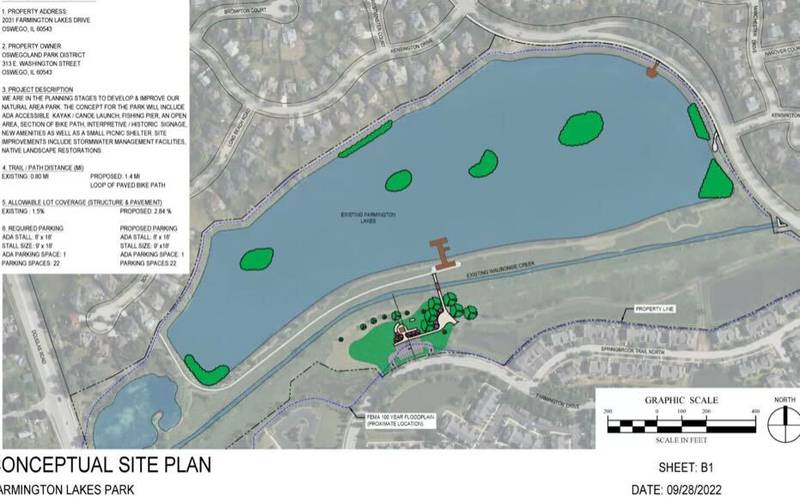Concept plans for the development of Farmington Lakes Park in Oswego. The park is located just east of Douglas Road in Oswego. (Plans provided by the Oswegoland Park District)