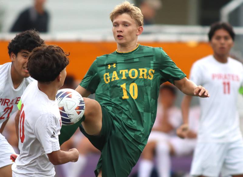 Crystal Lake South’s Will Prus navigates heavy traffic against Palatine in varsity boys soccer at Ray Porten Field on the campus of Wauconda High School in Wauconda on Wednesday, Sept. 3, 2025.
