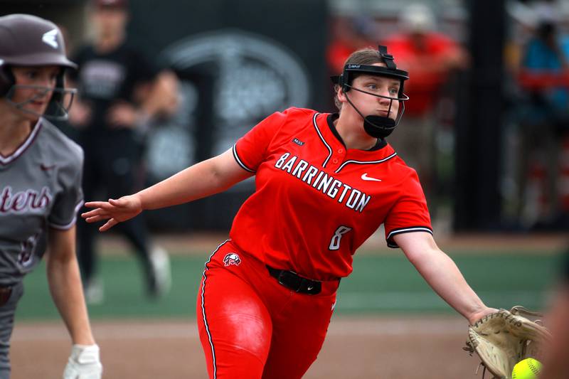 Barrington pitcher Katie Taraschewsky tosses to first for the out during a IHSA Class 4A state semifinal game against Lockport on Friday, June 13, 2025 at the Louisville Slugger Sports Complex in Peoria.
