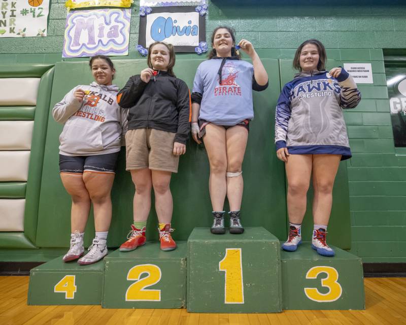 Juliana Thrush of Ottawa High School won first place at the IHSA Girls Wrestling Sectional at Geneseo High School on February 10, 2024.
