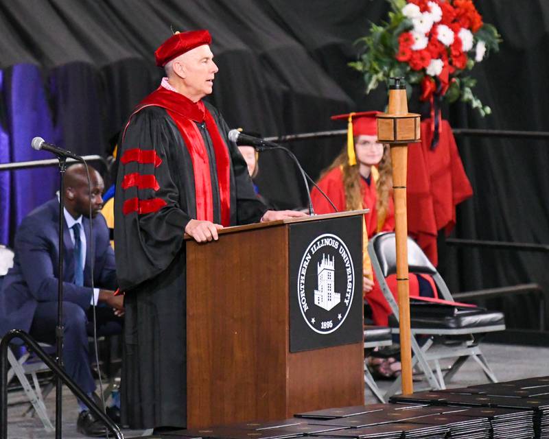 Northern Illinois University’s board of Trusteets member Dennis Barsema speaks during the commencement ceremony on Saturday May 9, 2026, held at the Convocation Center in DeKalb.